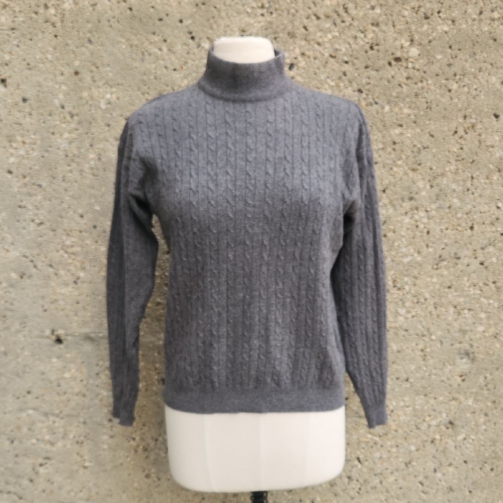 Gray Cable Knit  Cashmere Turtleneck Sweater